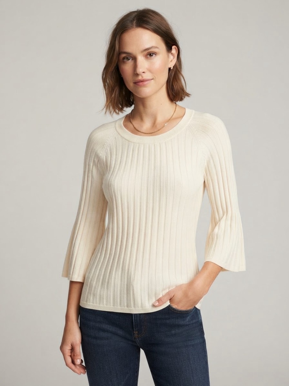 LOFT Cream Ribbed Scoop Neck Sweater with 3/4 Sleeves
